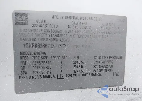 2007 GMC Yukon Denali from USA, damaged, VIN 1GKFK63867J301387